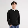 Weisen men's vertical striped V-neck knitted sweater, long-sleeved men's autumn and winter light mature style open-collar lapel loose warm sweater Specification image